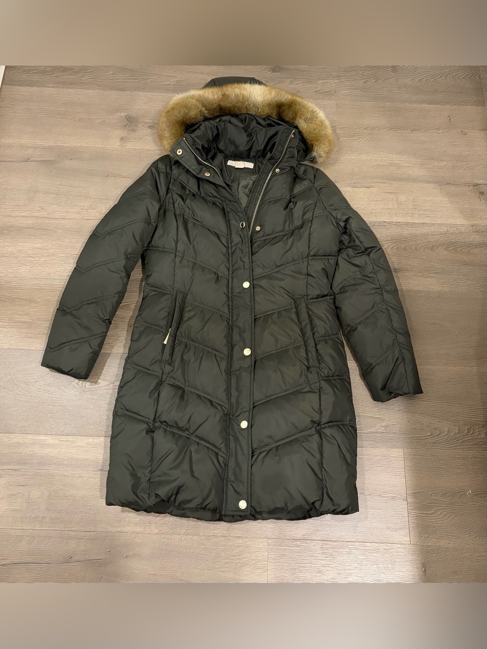 Michael Kors Black Long Puffer Coat with Faux Fur Trimmed Hood